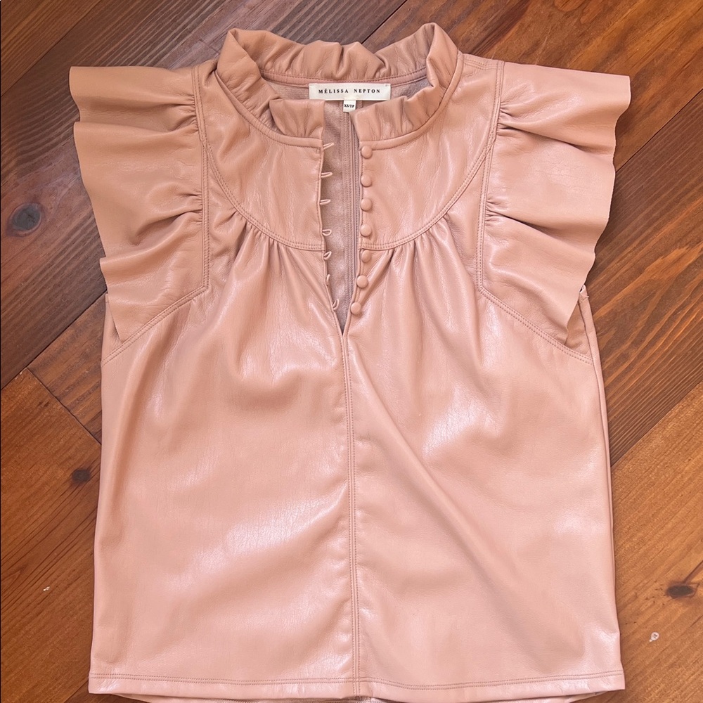 MELISSA NEPTON Pink Ruffle Sleeve Vegan Leather Top